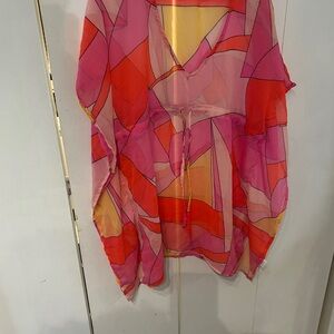 Cover up Sheer Multicolor Geometric Kaftan Tunic - Pink & Red